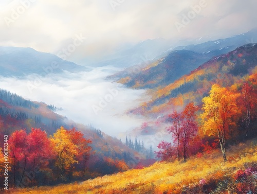 Autumn landscape hills with colorful trees fog