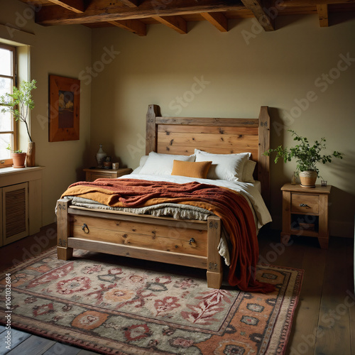 Cozy Rustic Bedroom with Wooden Bed and Warm Decor
