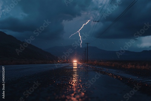 Wallpaper Mural Rainstorm and lightning illuminating open highway, dusk light, wet road, thunderclouds and distant mountains, intense, close-up of road 2 Torontodigital.ca