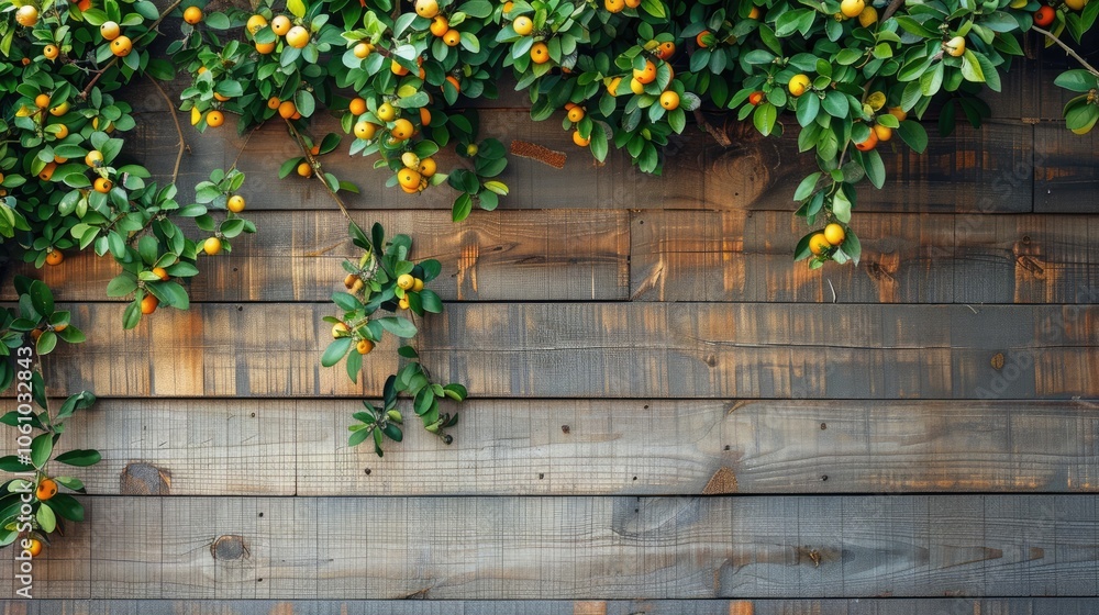 Tree climbing a wooden wall, ripe fruit.