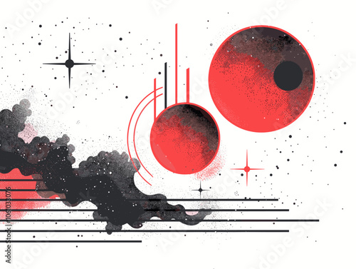 Painting of two red planets with a black background. The painting has a sense of motion and energy, with the planets appearing to be in motion. The red and black colors create a bold