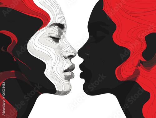 Two women kissing each other with their lips touching. The image is a black and white drawing of two women with red lips