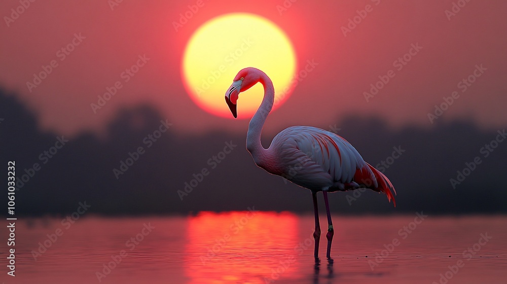 Fototapeta premium Pink flamingo stands in shallow water with a large red sun setting in the background.