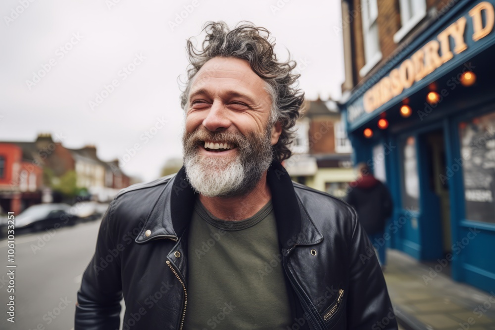 Portrait of a smiling mature man with gray hair and beard, wearing a black leather jacket, standing on a street in London. Portrait of a smiling mature man with gray hair and beard, wearing a black leather jacket, standing on a street in London.