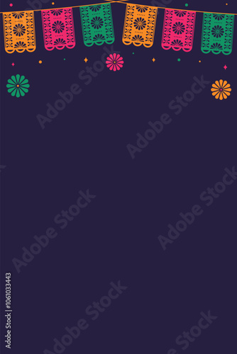 Mexican vector background with copy space.Vector illustration with Papel Picado, flowers and confetti on blue background.