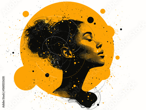 Woman's face is painted in yellow and black with a circle around it. The painting is abstract and has a lot of splatters. The woman's face is the main focus of the painting