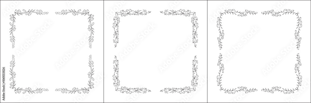 Set of three vegetal vector frames with forest flowers and leaves. Bluebells. Black and white. Vector frame for all sizes and formats. Isolated vector illustration.
Set of three vegetal vector frames with forest flowers and leaves. Bluebells. Black and white. Vector frame for all sizes and formats. Isolated vector illustration.
