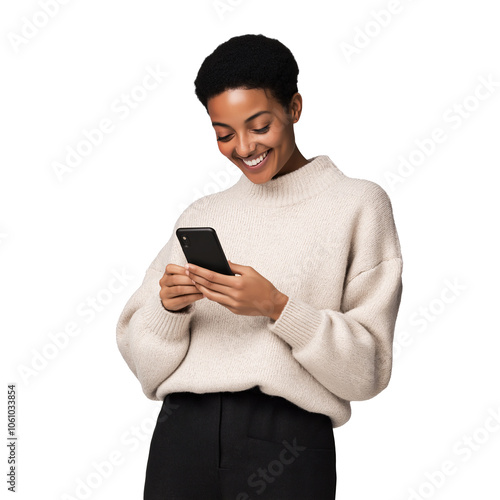 Happy Young Woman Using Smartphone Smiling and Looking at Phone Screen