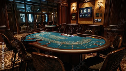 A luxurious casino setting with a large, green felt table and chairs awaiting players.