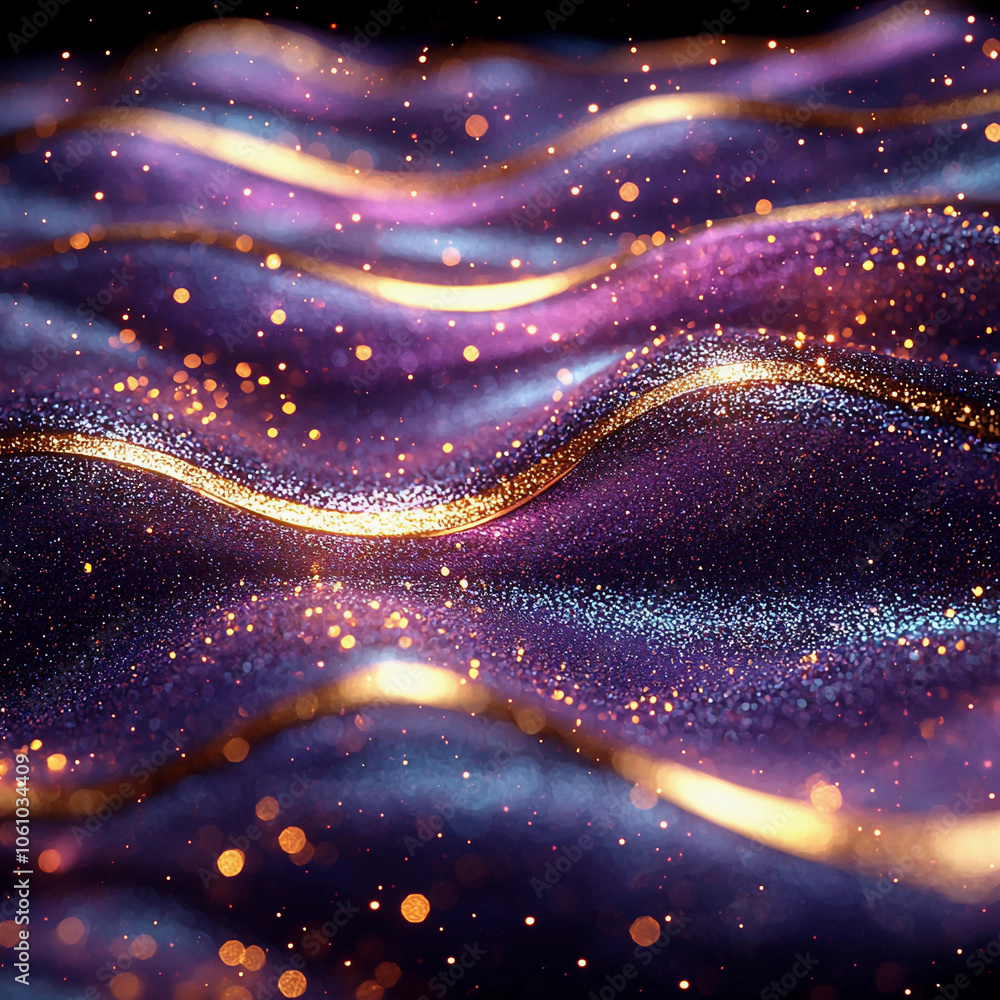Glitter Violet Blue Gold Wave Stripes Design. Shiny golden moving lines design element on dark background Glitter Violet Blue Gold Wave Stripes Design. Shiny golden moving lines design element on dark background