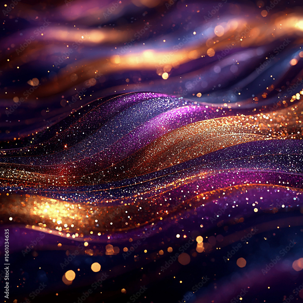 Glitter Violet Blue Gold Wave Stripes Design. Shiny golden moving lines design element on dark background Glitter Violet Blue Gold Wave Stripes Design. Shiny golden moving lines design element on dark background