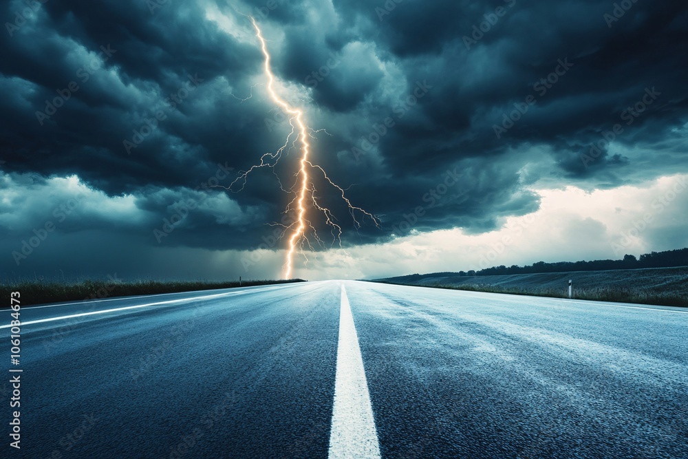 Dramatic thunderstorm with lightning strikes above a deserted highway, dark clouds gathering, moody dusk light, horizon in the distance, close-up angle 2 Dramatic thunderstorm with lightning strikes above a deserted highway, dark clouds gathering, moody dusk light, horizon in the distance, close-up angle 2