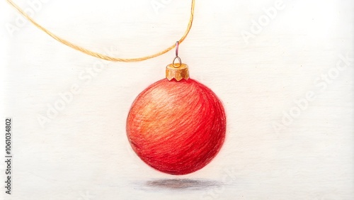 Red christmas ball hanging on gold string drawn with colored pencils