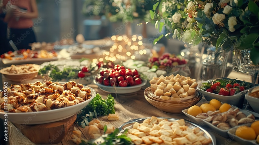A beautifully decorated table with a variety of appetizers and snacks, perfect for a party or celebration. A beautifully decorated table with a variety of appetizers and snacks, perfect for a party or celebration.