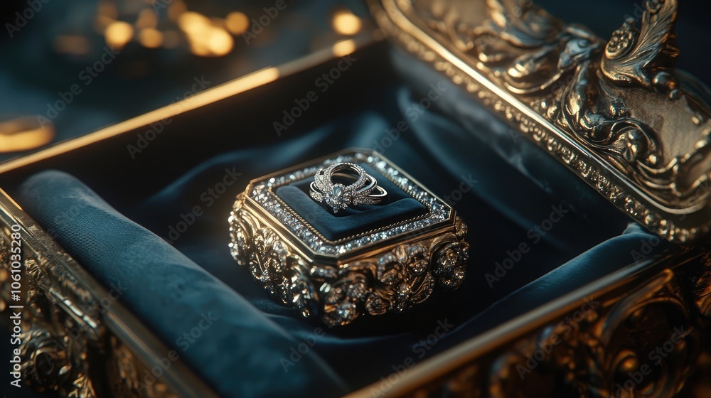 A diamond ring sits in a decorative box with a blue velvet lining. The box has intricate gold detailing and is a beautiful way to showcase a special piece of jewelry. A diamond ring sits in a decorative box with a blue velvet lining. The box has intricate gold detailing and is a beautiful way to showcase a special piece of jewelry.