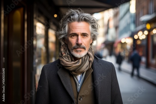 Handsome middle aged man with long grey hair and beard wearing a coat and scarf on a city street.