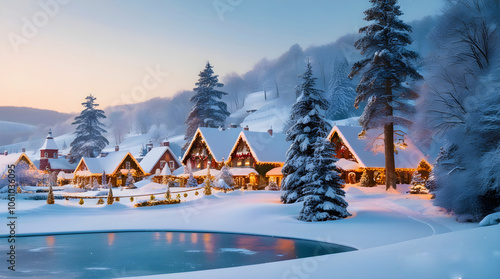 Foggy Winter Wonderland Village Dressed in Cozy Christmas Lights