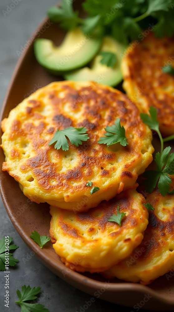 Colombian Arepas with Cheese and Avocado Slices in a Traditional Setting Colombian Arepas with Cheese and Avocado Slices in a Traditional Setting