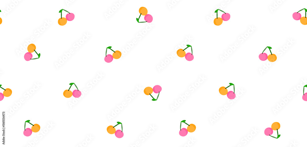 Seamless Vector Pattern with Twin Cherries. Hand Drawn Trendy Endless Print with Yellow and Pink Cherries Isolated on a White Background. Cute Simple Pattern with Happy Fruits. Cherry Wallpaper. Seamless Vector Pattern with Twin Cherries. Hand Drawn Trendy Endless Print with Yellow and Pink Cherries Isolated on a White Background. Cute Simple Pattern with Happy Fruits. Cherry Wallpaper.