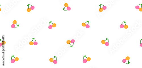 Seamless Vector Pattern with Twin Cherries. Hand Drawn Trendy Endless Print with Yellow and Pink Cherries Isolated on a White Background. Cute Simple Pattern with Happy Fruits. Cherry Wallpaper.	