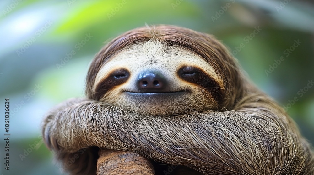 A close-up portrait of a sloth with a relaxed and happy expression. A close-up portrait of a sloth with a relaxed and happy expression.
