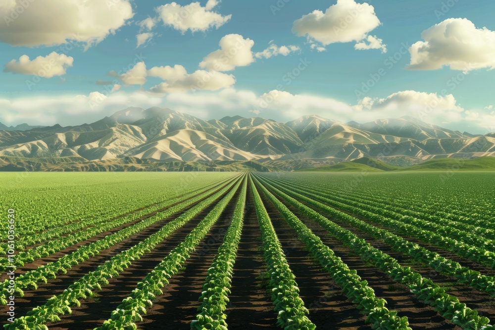 Cultivated field of lettuce growing in rows along the contour line skyscape. Neural network ai generated art Cultivated field of lettuce growing in rows along the contour line skyscape. Neural network ai generated art