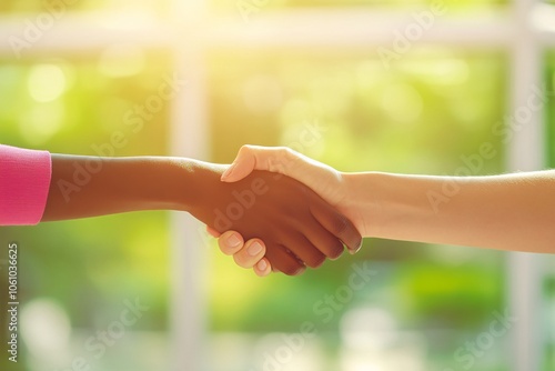 Close-up of handshake between two businesswomen, one with dark skin and the other light skin, in front of glass windows, sunny day, vibrant lighting 3