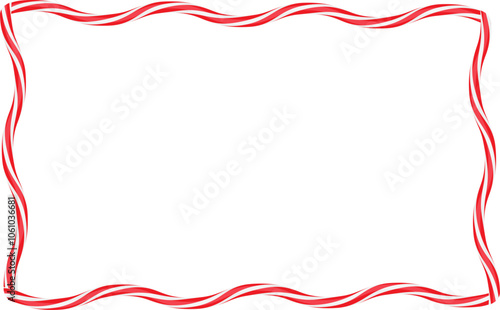 Christmas twisted lollipops. Rectangular wavy frame with red and white stripe. Christmas and New Year template for cards, banner, flyer . Festive Xmas frame. Vector illustration
