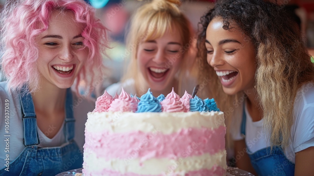 Group of friends excitedly cutting a cake, revealing pink or blue filling inside Group of friends excitedly cutting a cake, revealing pink or blue filling inside