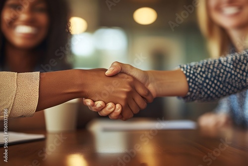 Close-up of businesswomen shaking hands across a conference table, polished wood, modern office, neutral tones, soft lighting 2