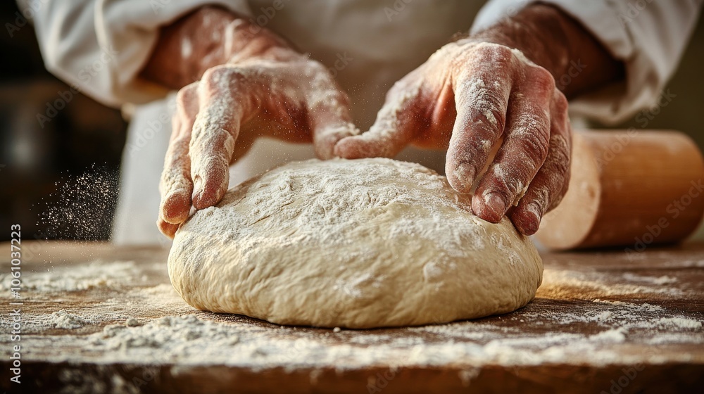 Hand preparing dough for traditional flatbread, with flour dust and rolling pin on wooden surface. Hand preparing dough for traditional flatbread, with flour dust and rolling pin on wooden surface.