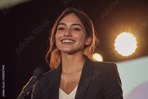 A young Hispanic businesswoman wearing a professional suit, beaming with pride while accepting an award on stage, spotlight on her confident smile, medium close-up of her hands 3