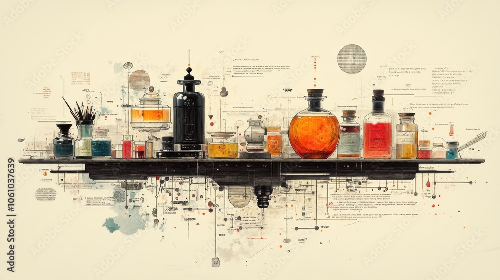 Fototapeta premium Infographic-style image displaying the history of inkwells, using engaging visuals to highlight their evolution and significance in writing.