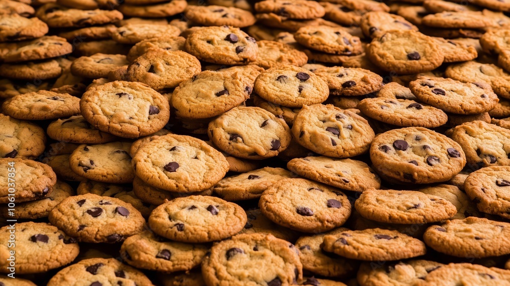A stack of chocolate chip cookies piled on top of each other A stack of chocolate chip cookies piled on top of each other