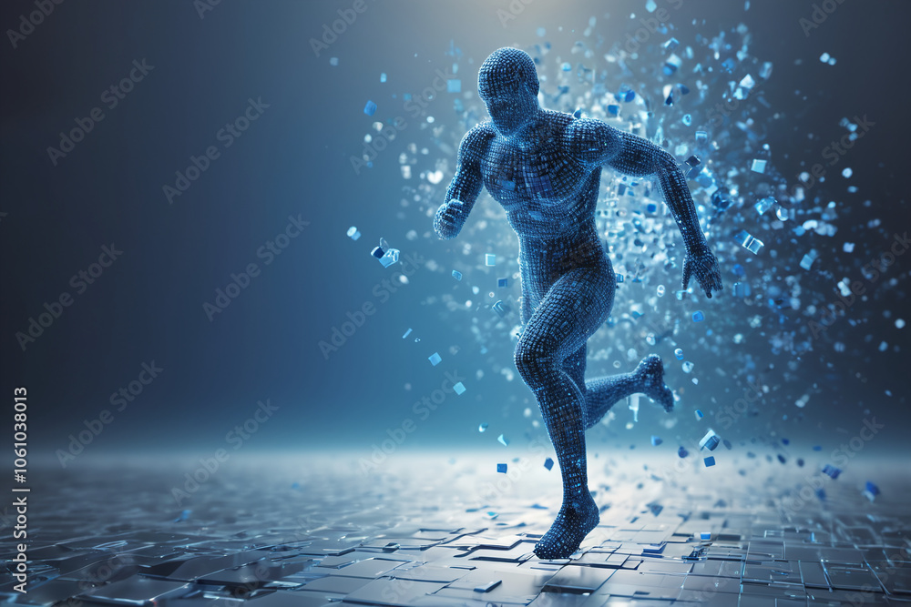 Fototapeta premium Pixeled digital man running&nbsp;in virtual world