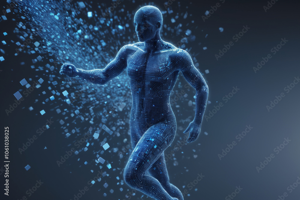 Pixeled digital man running in virtual world Pixeled digital man running in virtual world