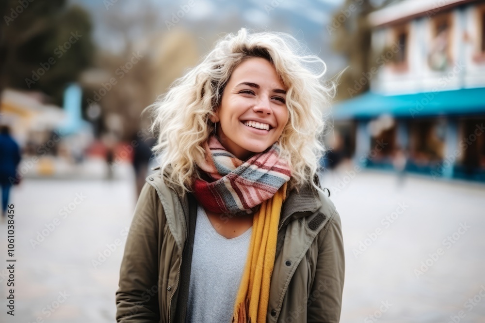 Outdoor portrait of beautiful young woman with curly blond hair and scarf Outdoor portrait of beautiful young woman with curly blond hair and scarf