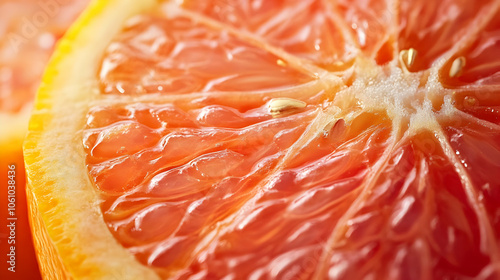 Close-up of a grapefruit segment showing intricate details of the juicy pulp