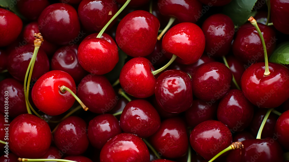 Cluster of deep red cherries, some with a darker hue, emphasizing ripeness and texture