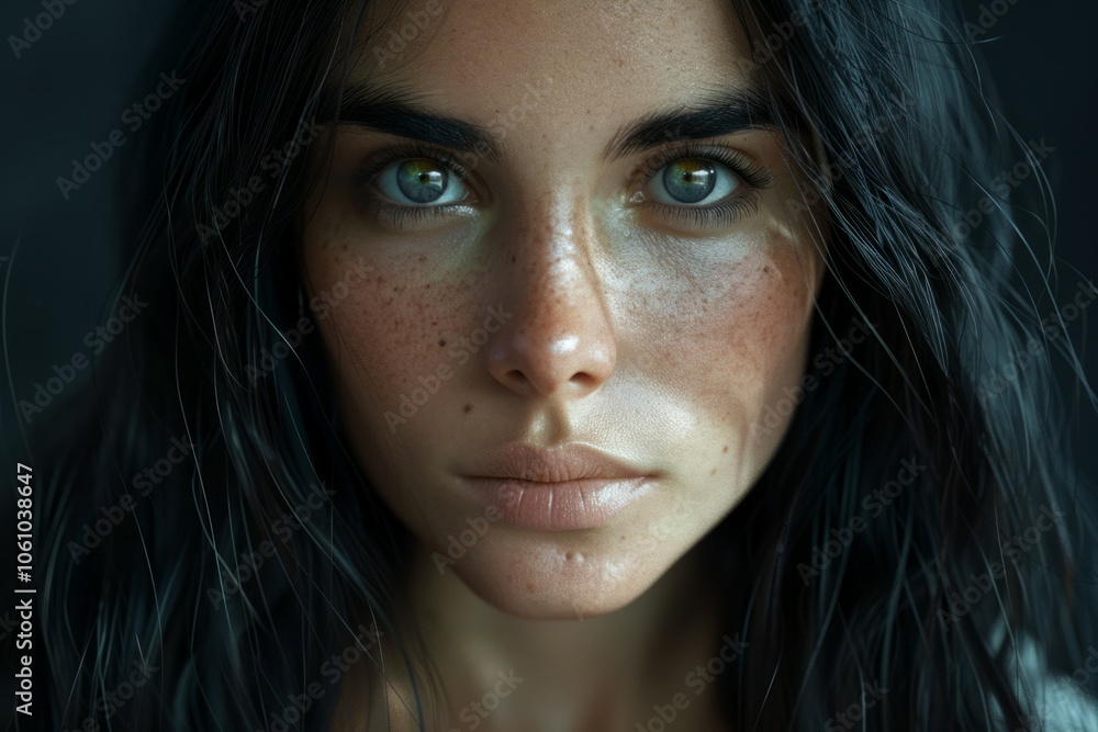 Beautiful young woman with long black hair posing on dark background. Neural network ai generated art Beautiful young woman with long black hair posing on dark background. Neural network ai generated art