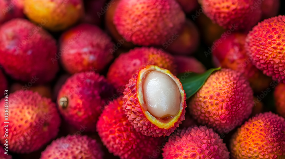 Close-up of lychees with one lychee peeled, revealing its juicy white flesh inside Close-up of lychees with one lychee peeled, revealing its juicy white flesh inside