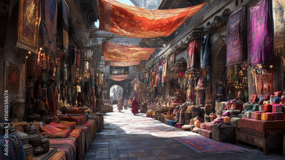 Obraz premium Scene of a market filled with colorful textiles, spices, and crafts, highlighting the richness of cultural traditions in an Islamic context.