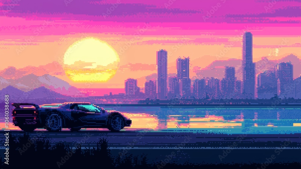 Fototapeta premium Pixel art of a car on a road in front of a city at sunset