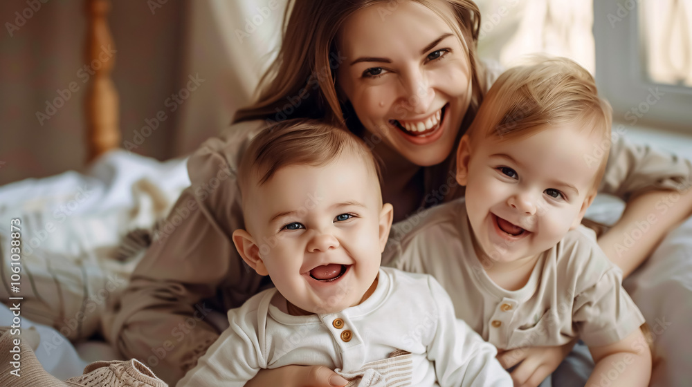 Laughing Mom Cuddling Happy Young Son and Baby on Bed Near Window Laughing Mom Cuddling Happy Young Son and Baby on Bed Near Window