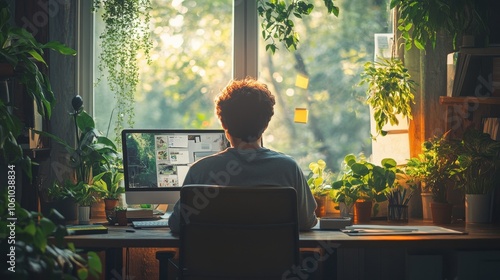 Serene workspace with a window view, featuring a person deep in thought, surrounded by plants and calming decor, inviting reflection.