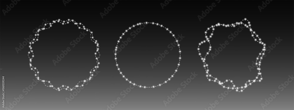Round garlands with silver shine on transparent background. Christmas silver sparkling lights garlands. Garlands with light effect. Vector EPS 10 Round garlands with silver shine on transparent background. Christmas silver sparkling lights garlands. Garlands with light effect. Vector EPS 10