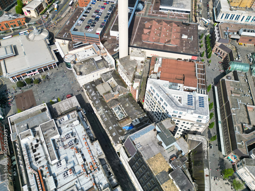 Fototapeta premium High Angle View of Historical and Modern British City Centre of Liverpool, Maritime city in northwest England, United Kingdom. Aerial Footage Was Captured with Drone's Camera on May 5th, 2024