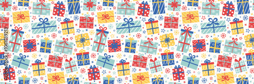 Colourful cartoon gift boxes background. Christmas seamless pattern. Banner. Vector illustration