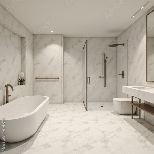 Modern Minimalist Bathroom with Marble Design and Freestanding Tub