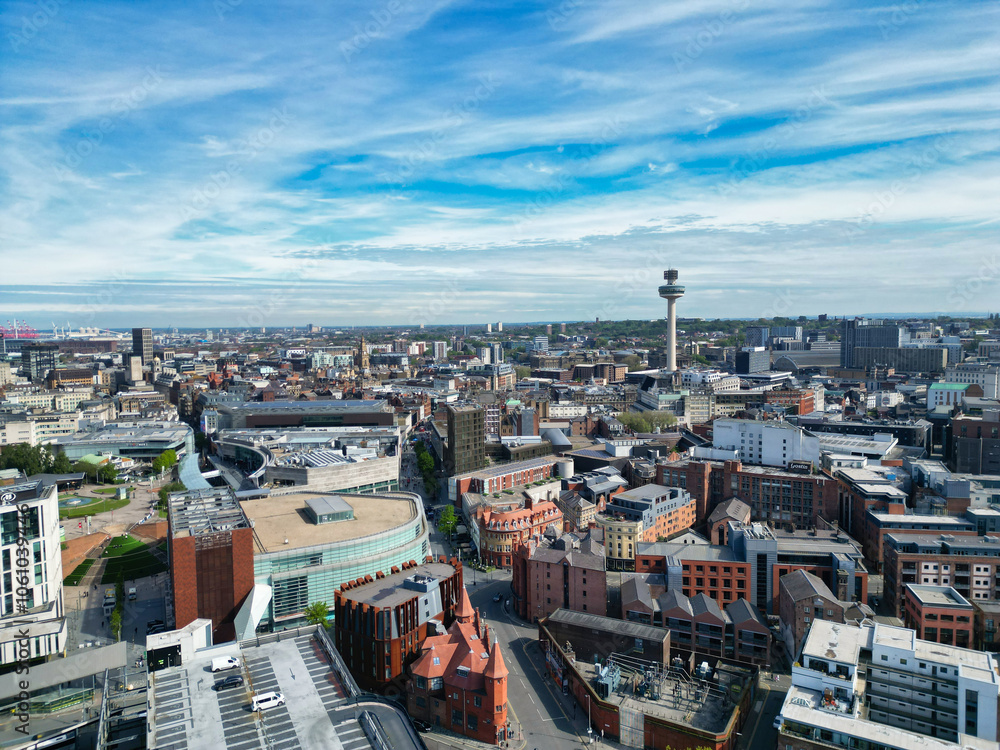 High Angle View of Historical and Modern British City Centre of Liverpool, Maritime city in northwest England, United Kingdom. Aerial Footage Was Captured with Drone's Camera on May 5th, 2024 High Angle View of Historical and Modern British City Centre of Liverpool, Maritime city in northwest England, United Kingdom. Aerial Footage Was Captured with Drone's Camera on May 5th, 2024